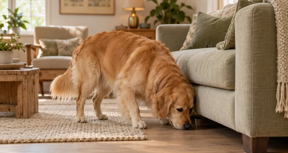 Um cão a procurar pequenas recompensas pela casa